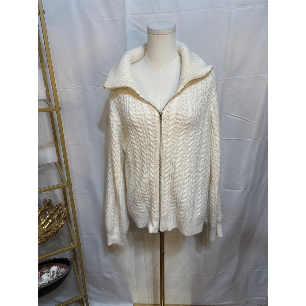 Rachel Zoe Women XL Cream Cable‎ Knit Full Zip Cardigan Sweater White Chunky XL